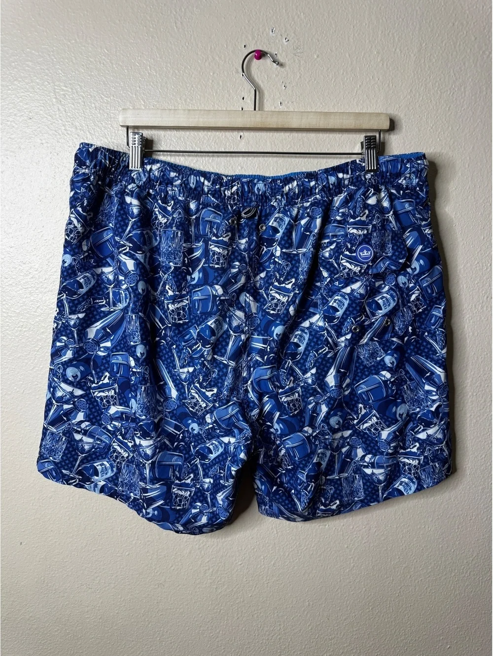Peter Millar Mens XL Swim Trunks Blue Cocktail Print Drawstring Stretch